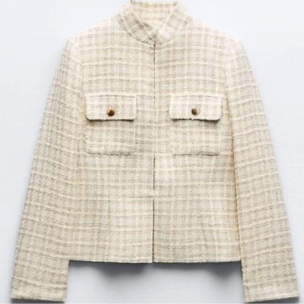 NWT Zara Beige and Cream Plaid Jacket with Gold Accents